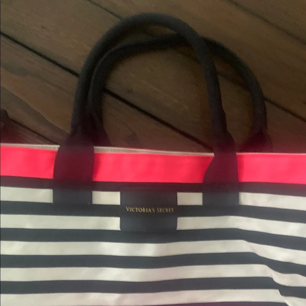 Victoria's Secret Black and Pink Striped Tote Bag
